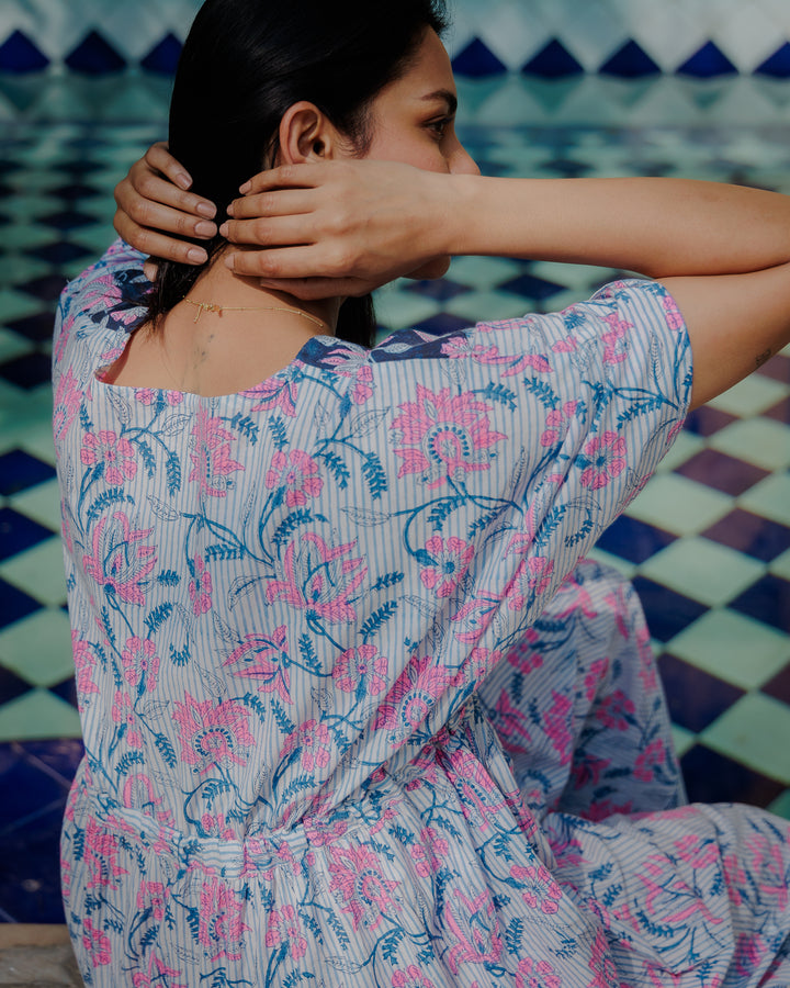 Tilly Stripe Champaca Maxi Kaftan Dress in Midnight and Neon Pink
