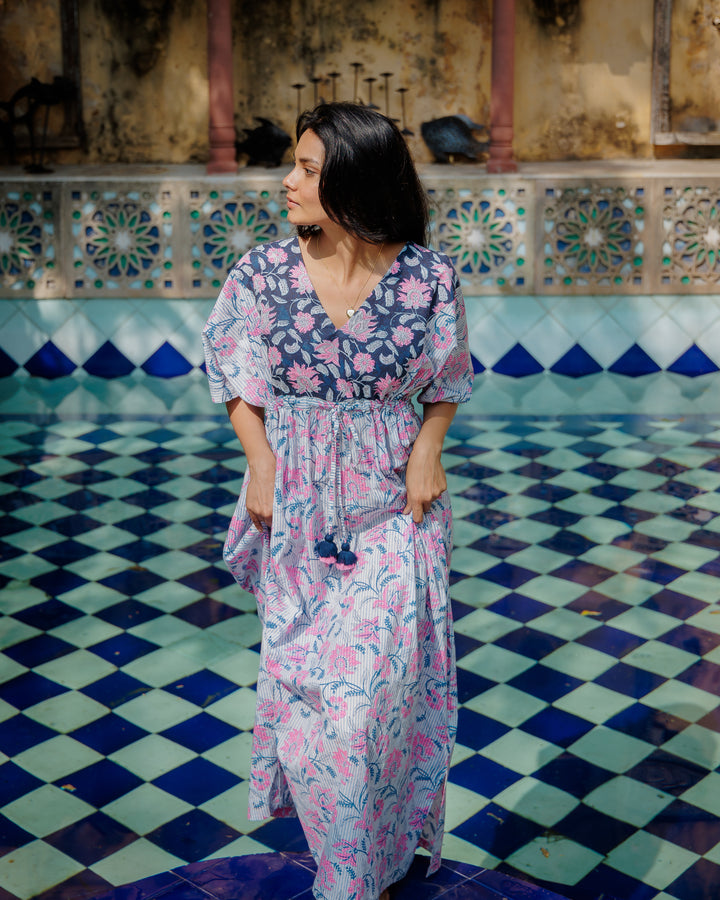 Tilly Stripe Champaca Maxi Kaftan Dress in Midnight and Neon Pink