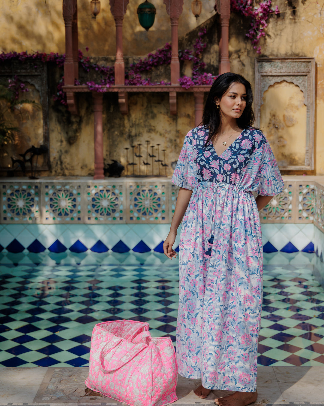 Tilly Stripe Champaca Maxi Kaftan Dress in Midnight and Neon Pink