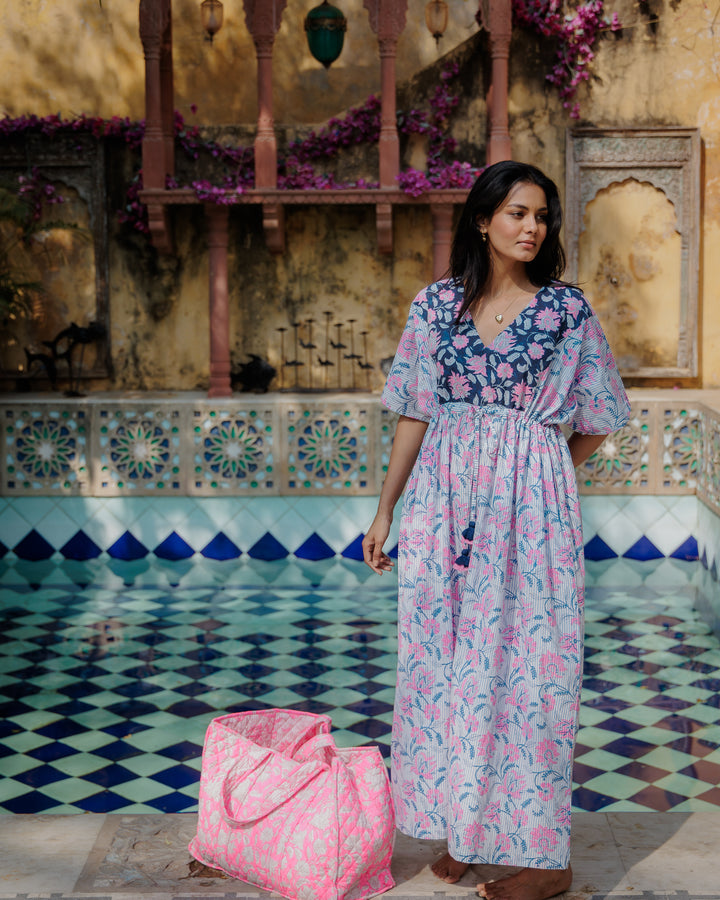 Tilly Stripe Champaca Maxi Kaftan Dress in Midnight and Neon Pink