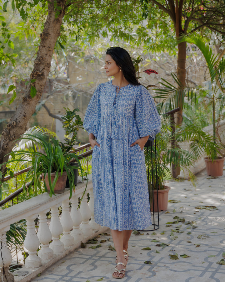 Farah Midi Dress in Dusty Blue