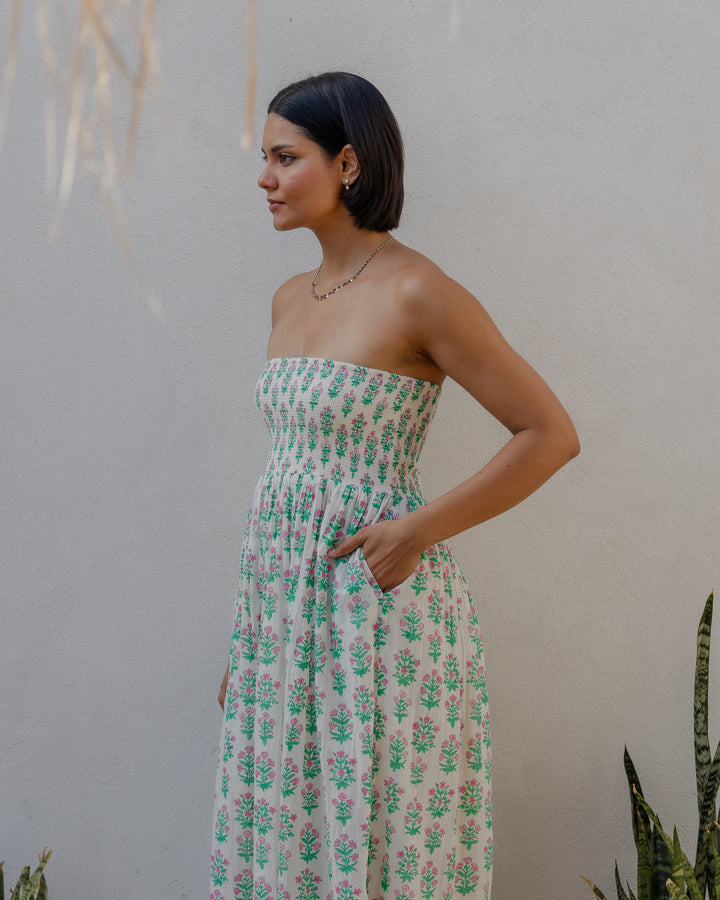 Asha 2-in-1 Maxi Skirt & Bandeau Dress in White Jade Green & Pink - Dilli Grey