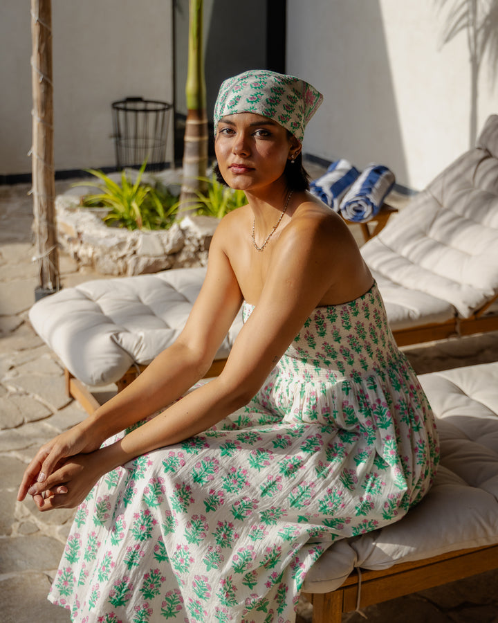 Hand Block Printed Cotton Bandana Scarf in white & jade green - Dilli Grey