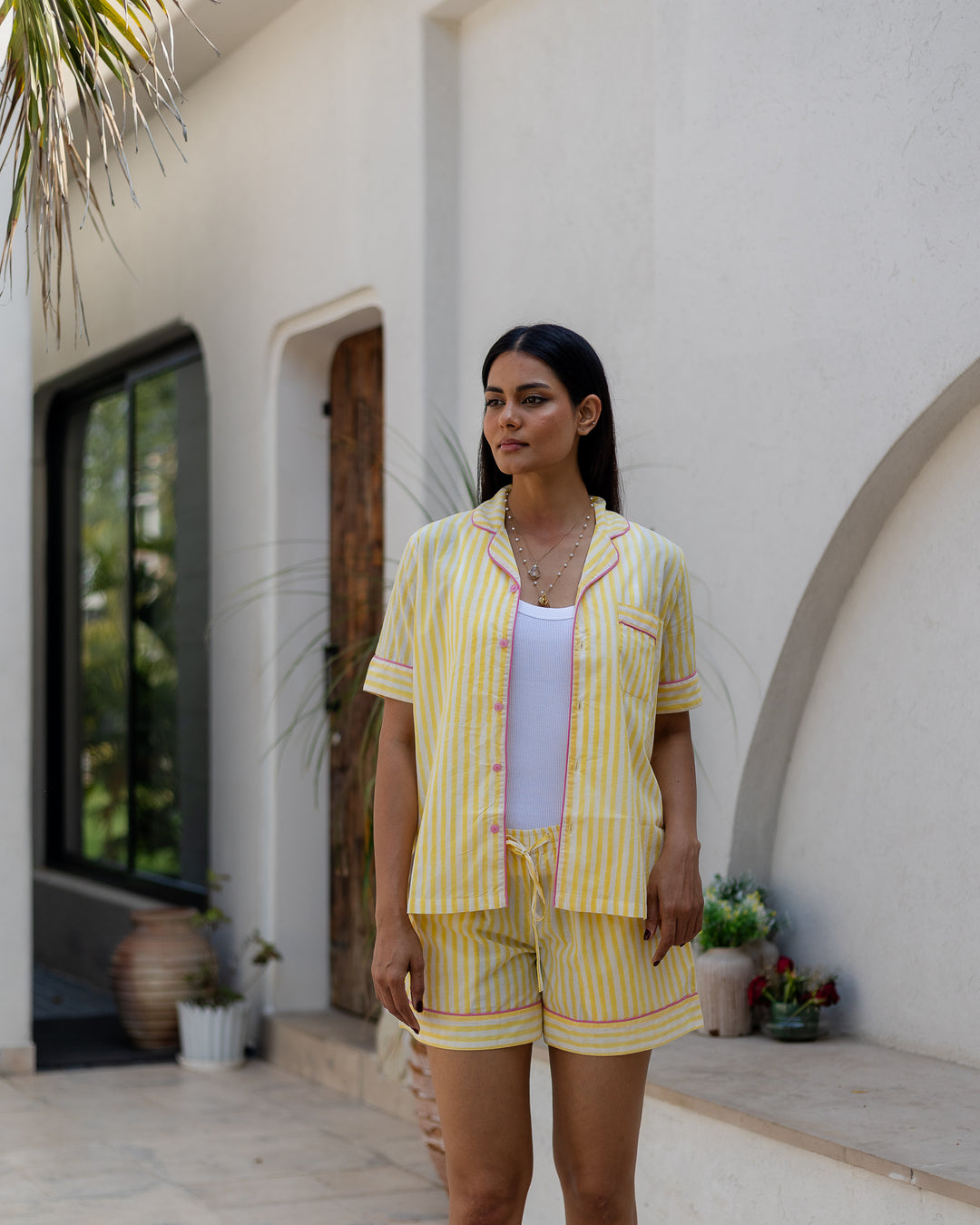 Candy Stripe Shorts PJ set in Sunshine Yellow & Pink - Dilli Grey
