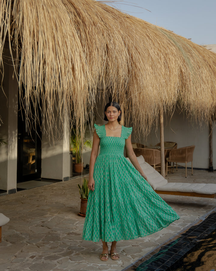 Tara Smocked Dress in Jade & Pink - Dilli Grey