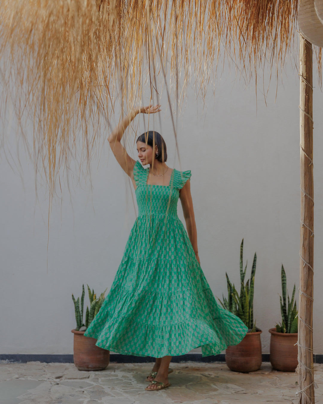 Tara Smocked Dress in Jade & Pink - Dilli Grey