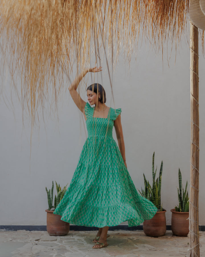 Tara Smocked Dress in Jade & Pink - Dilli Grey