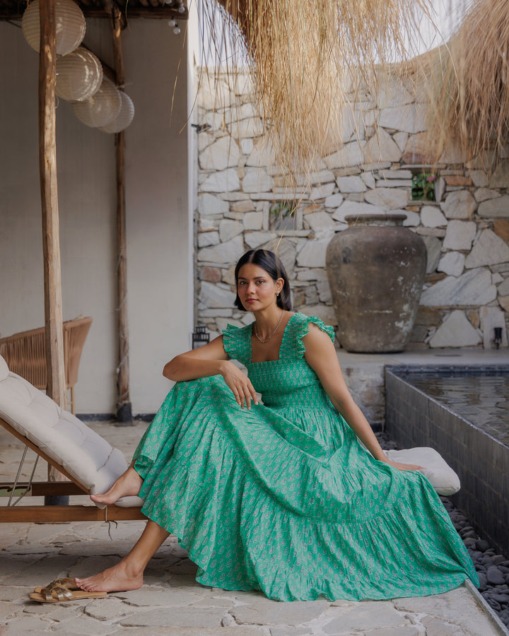 Tara Smocked Dress in Jade & Pink - Dilli Grey