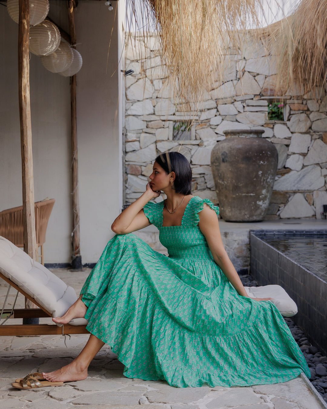 Tara Smocked Dress in Jade & Pink - Dilli Grey