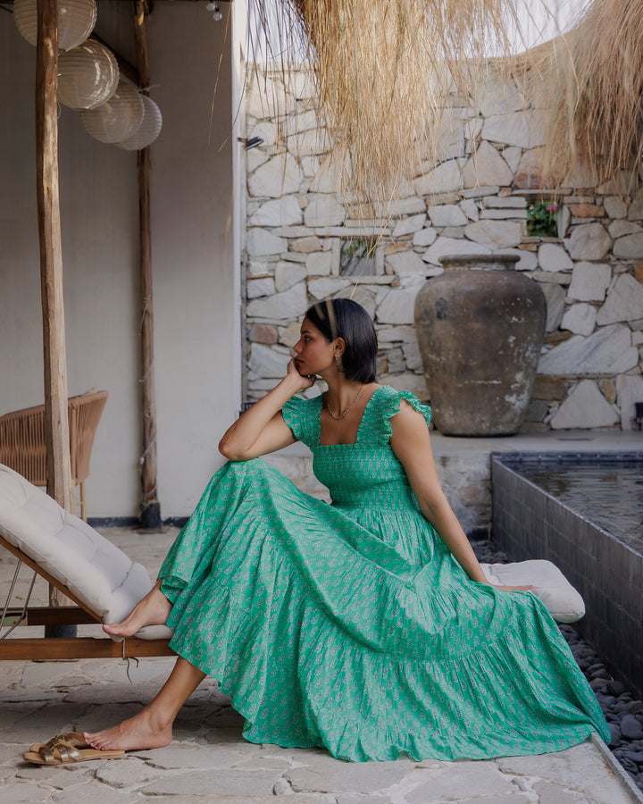 Tara Smocked Dress in Jade & Pink - Dilli Grey