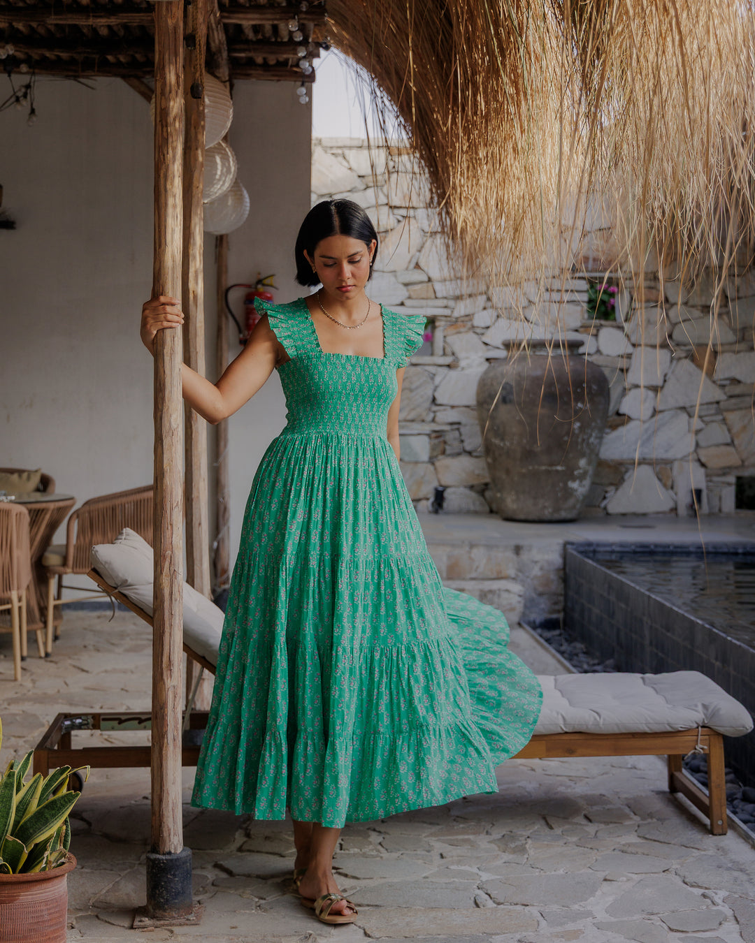 Tara Smocked Dress in Jade & Pink - Dilli Grey