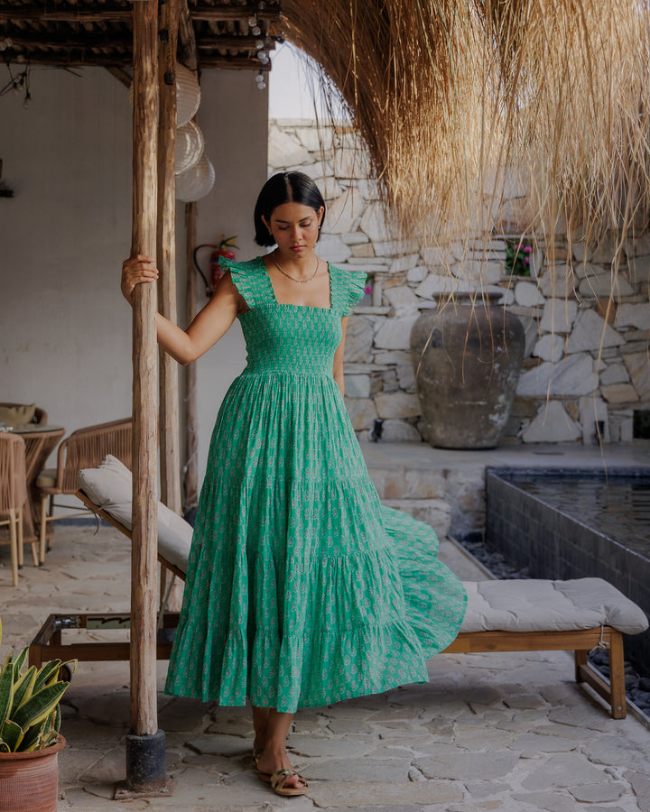 Tara Smocked Dress in Jade & Pink - Dilli Grey