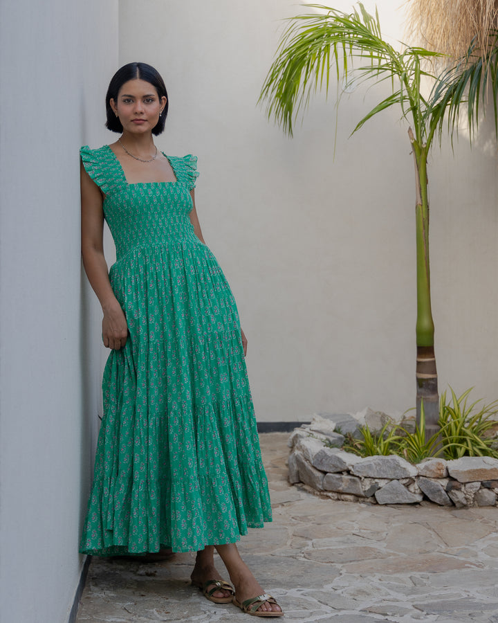 Tara Smocked Dress in Jade & Pink - Dilli Grey