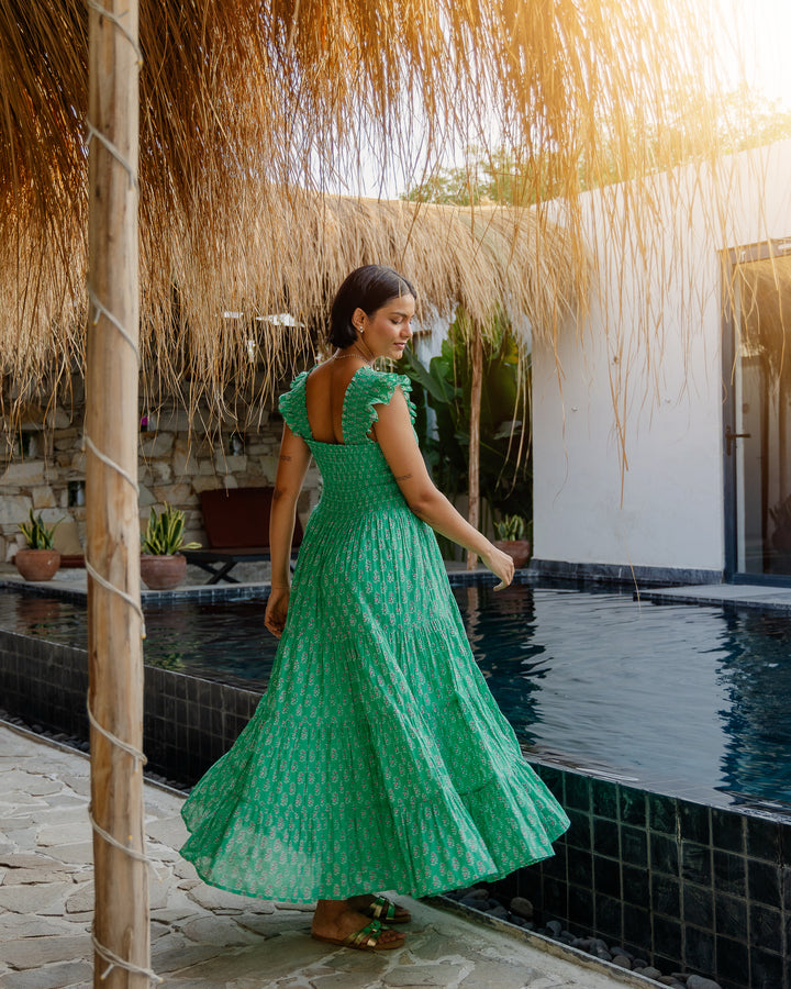 Tara Smocked Dress in Jade & Pink - Dilli Grey