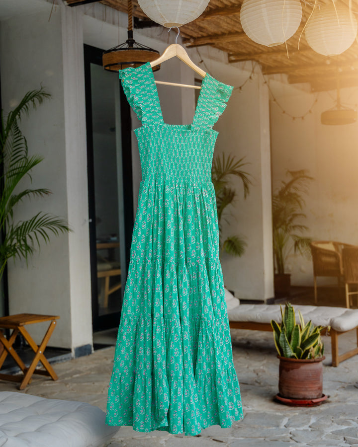 Tara Smocked Dress in Jade & Pink - Dilli Grey