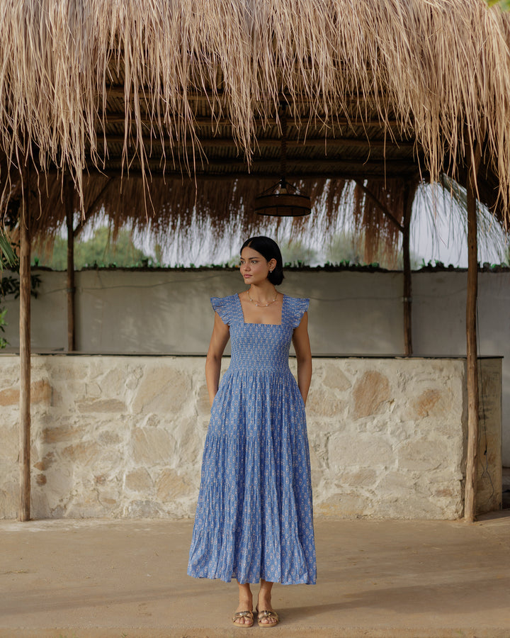 Tara Smocked Dress in lapis & pink - Dilli Grey