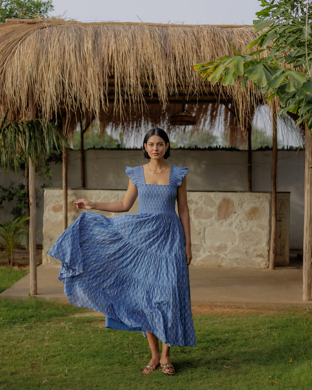 Tara Smocked Dress in lapis & pink - Dilli Grey
