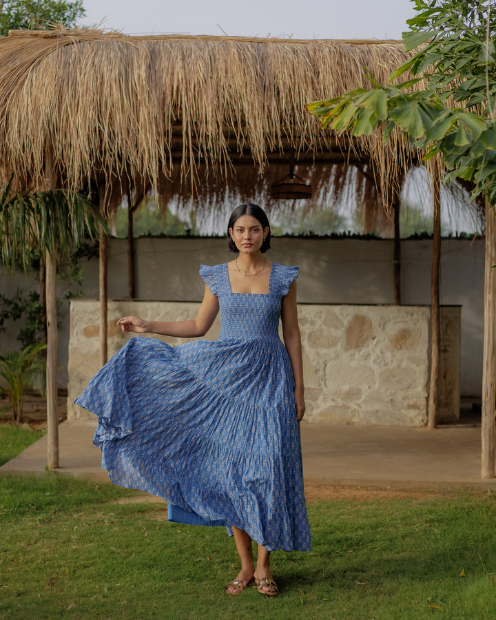 Tara Smocked Dress in lapis & pink - Dilli Grey