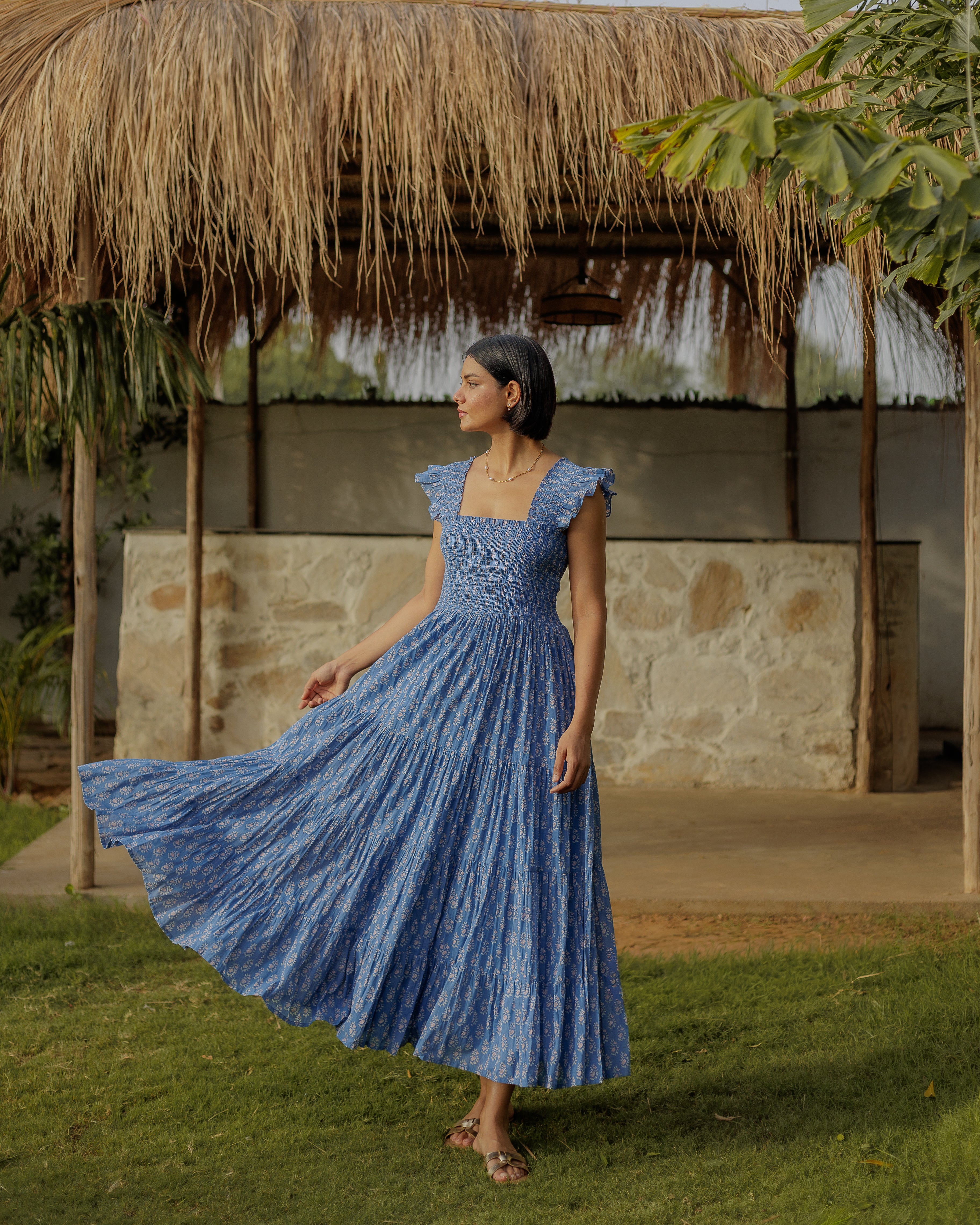Tara Smocked Dress in lapis & pink - Dilli Grey