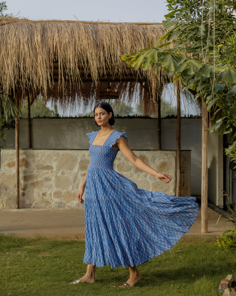 Tara Smocked Dress in lapis & pink - Dilli Grey