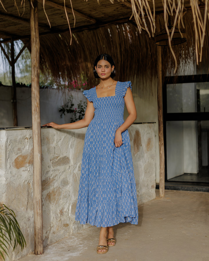 Tara Smocked Dress in lapis & pink - Dilli Grey