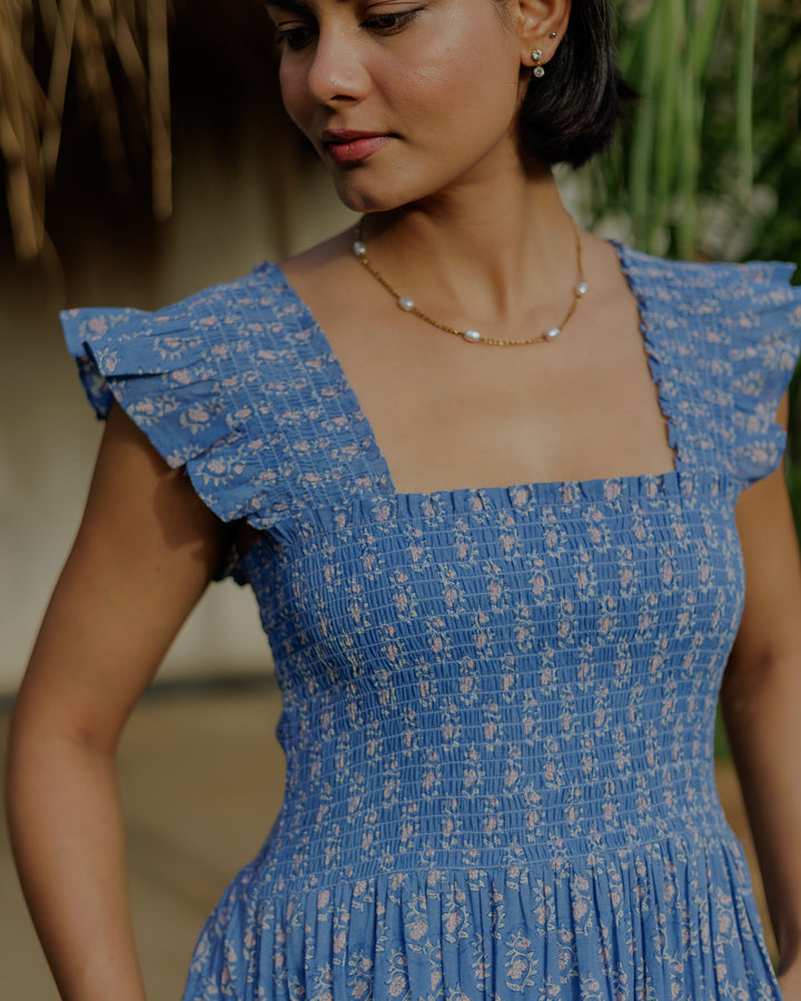 Tara Smocked Dress in lapis & pink - Dilli Grey