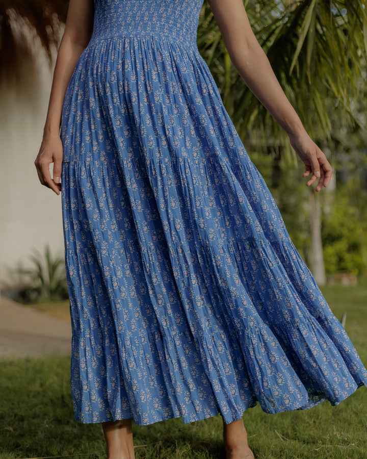 Tara Smocked Dress in lapis & pink - Dilli Grey
