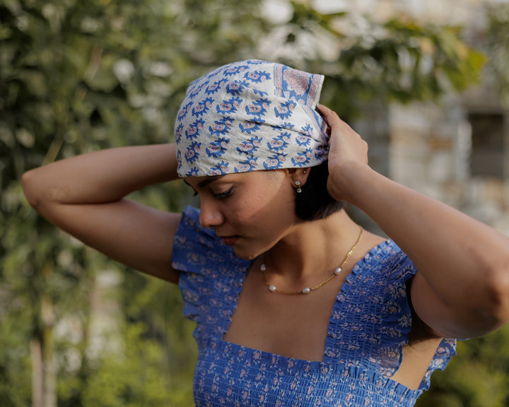 Hand Block Printed Cotton Bandana Scarf - Lapis Blue & Pink - Dilli Grey