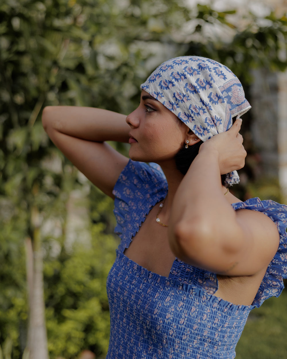 Hand Block Printed Cotton Bandana Scarf - Lapis Blue & Pink - Dilli Grey