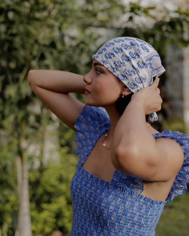 Hand Block Printed Cotton Bandana Scarf - Lapis Blue & Pink - Dilli Grey