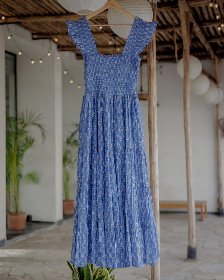 Tara Smocked Dress in lapis & pink - Dilli Grey