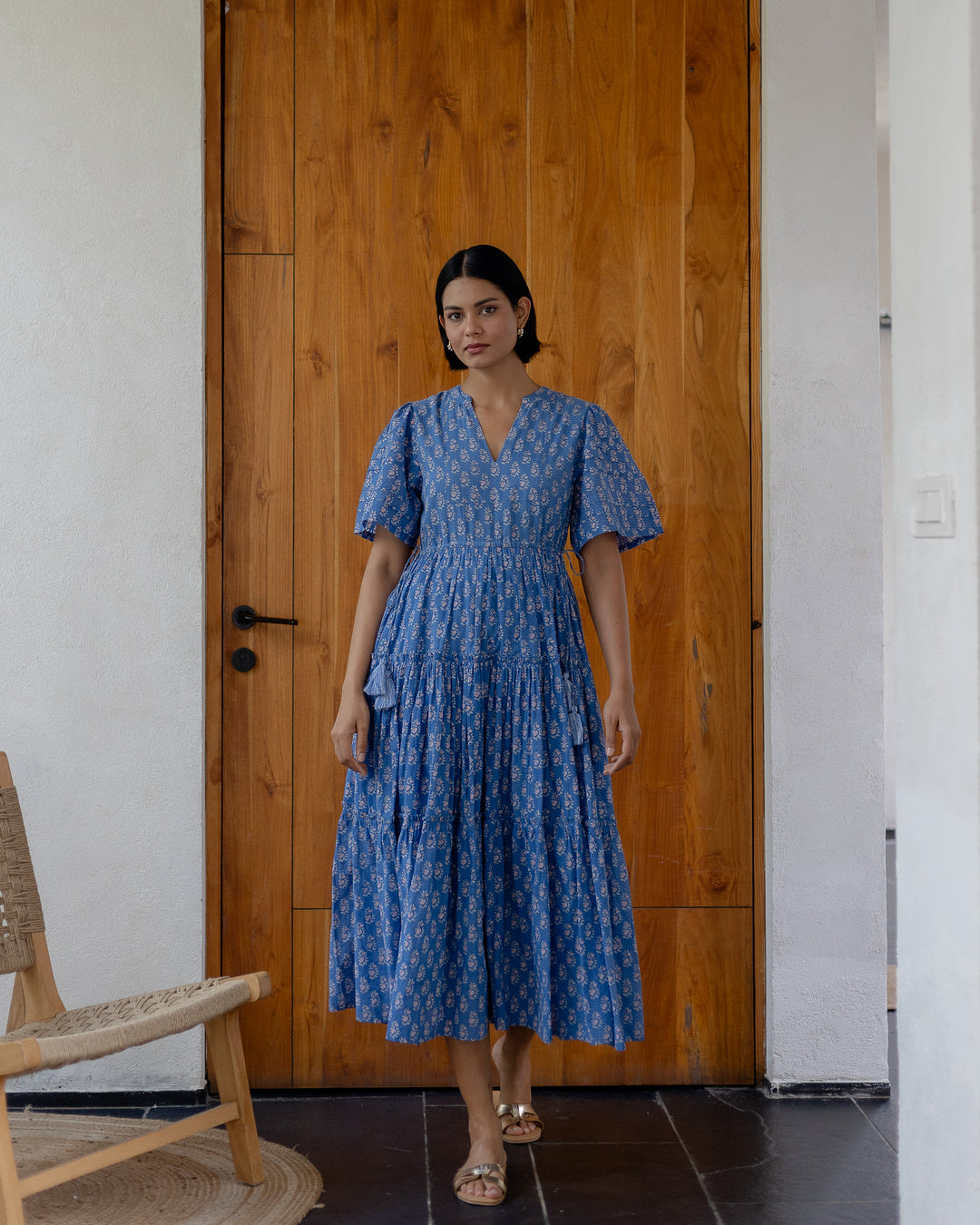 Jayne Mini Butta print midi dress in Lapis Blue & Pink - Dilli Grey