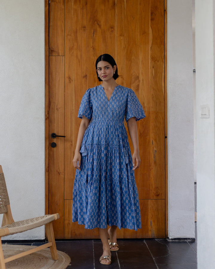 Jayne Mini Butta print midi dress in Lapis Blue & Pink - Dilli Grey