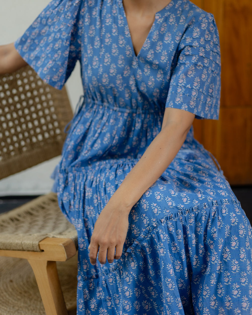 Jayne Mini Butta print midi dress in Lapis Blue & Pink - Dilli Grey