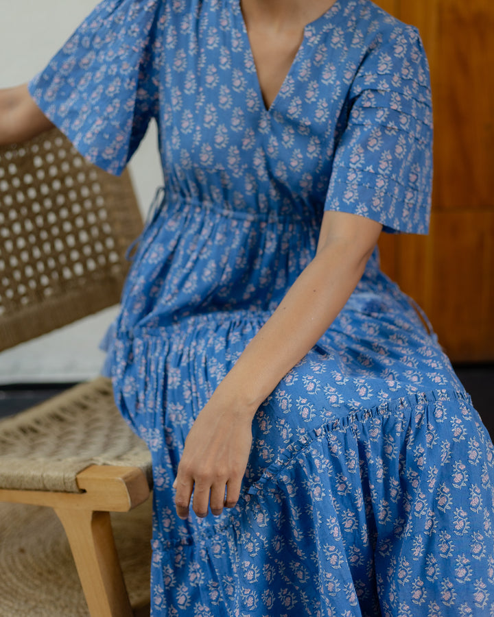 Jayne Mini Butta print midi dress in Lapis Blue & Pink - Dilli Grey