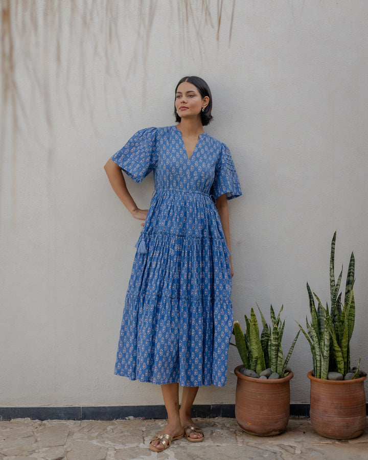 Jayne Mini Butta print midi dress in Lapis Blue & Pink - Dilli Grey