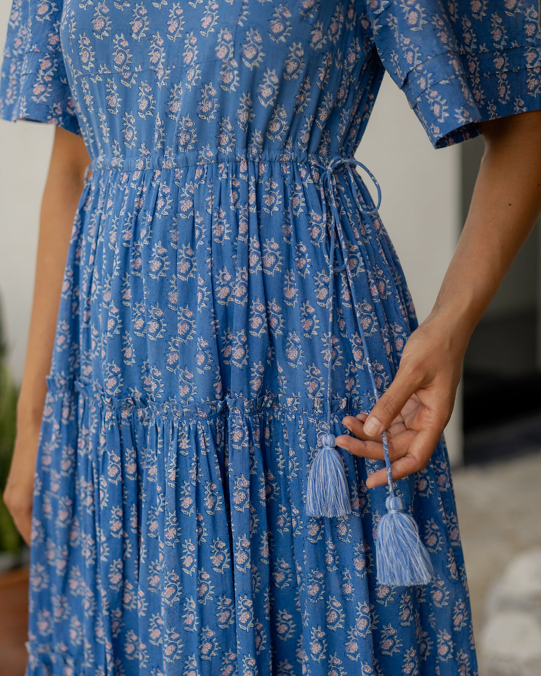 Jayne Mini Butta print midi dress in Lapis Blue & Pink - Dilli Grey