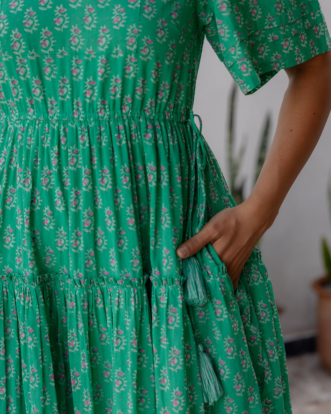 Jayne Mini Butta print midi dress in Jade & Pink - Dilli Grey