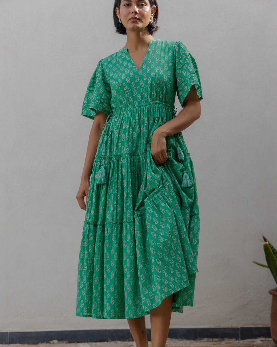 Jayne Mini Butta print midi dress in Jade & Pink - Dilli Grey