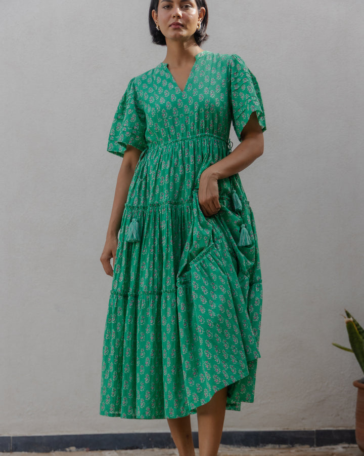 Jayne Mini Butta print midi dress in Jade & Pink - Dilli Grey