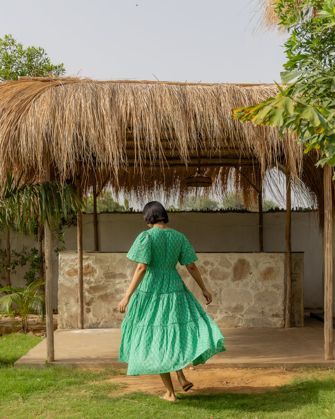 Jayne Mini Butta print midi dress in Jade & Pink - Dilli Grey