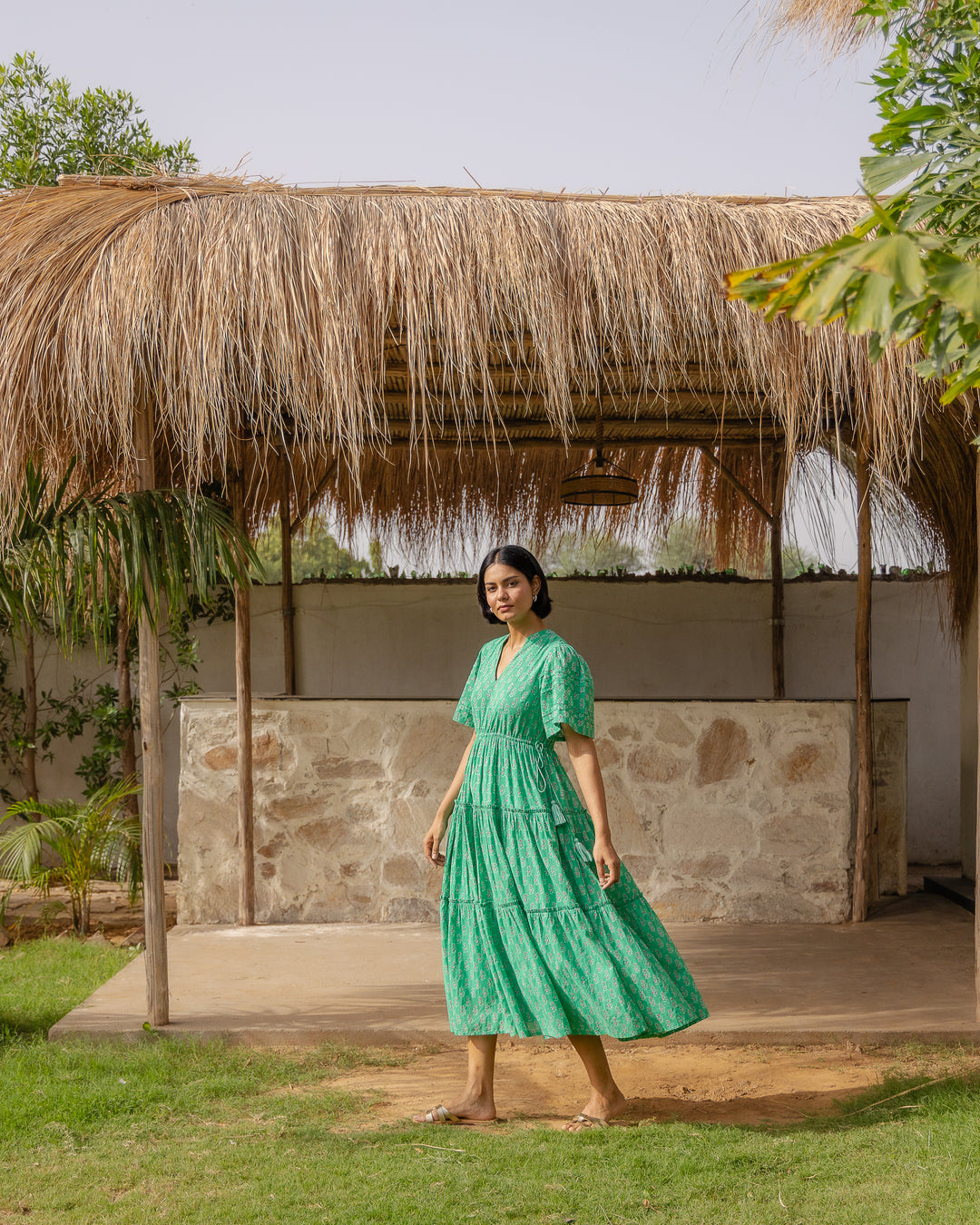 Jayne Mini Butta print midi dress in Jade & Pink - Dilli Grey