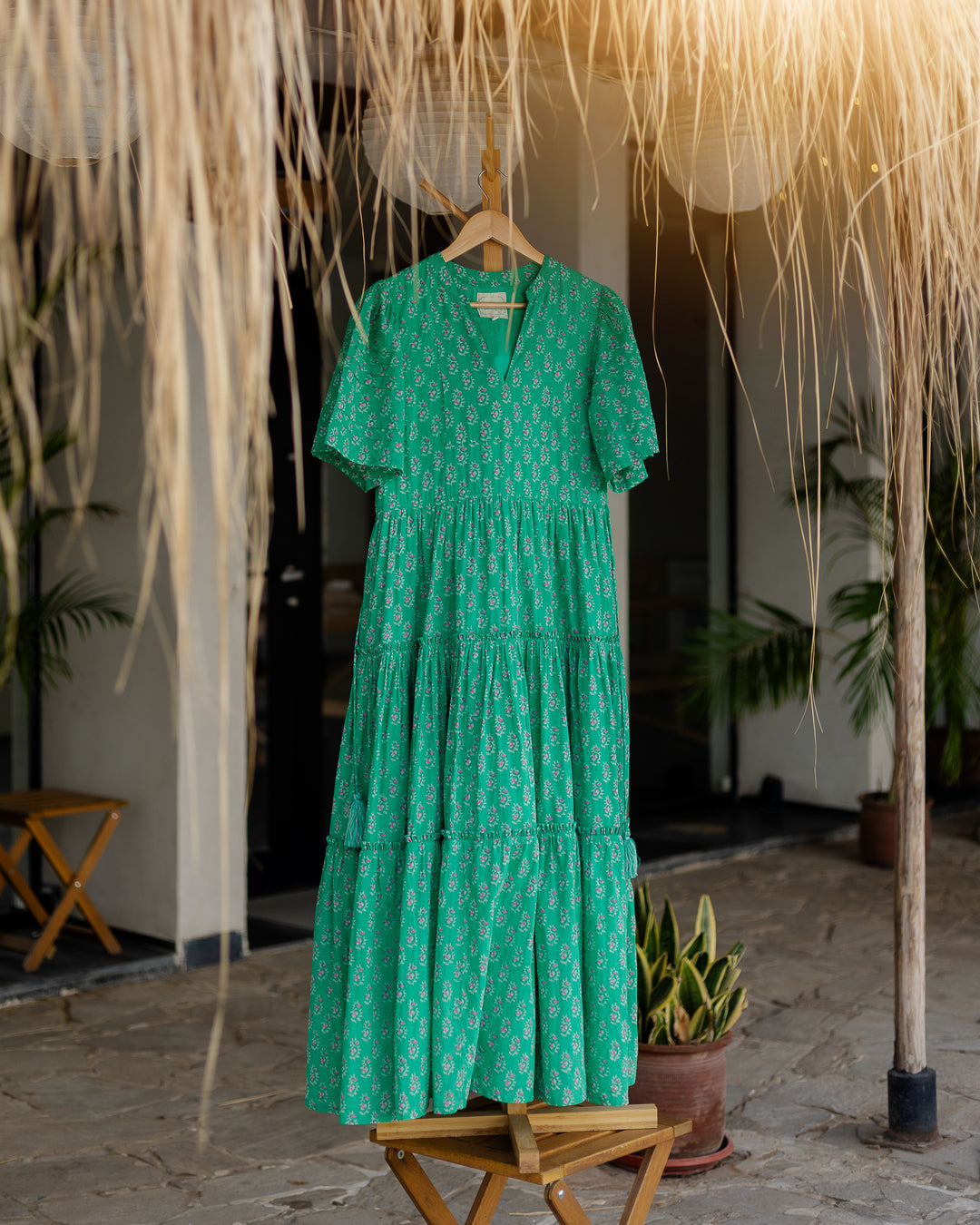 Jayne Mini Butta print midi dress in Jade & Pink - Dilli Grey