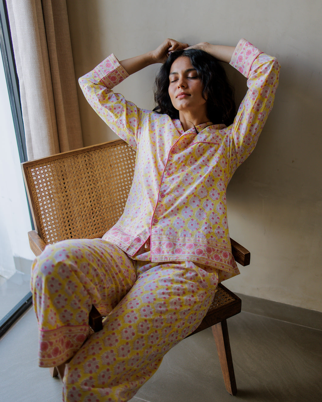 Mogra Long Sleeve PJ set in Sunshine Yellow & Pink - Dilli Grey