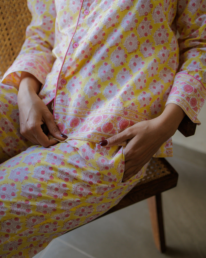 Mogra Long Sleeve PJ set in Sunshine Yellow & Pink - Dilli Grey