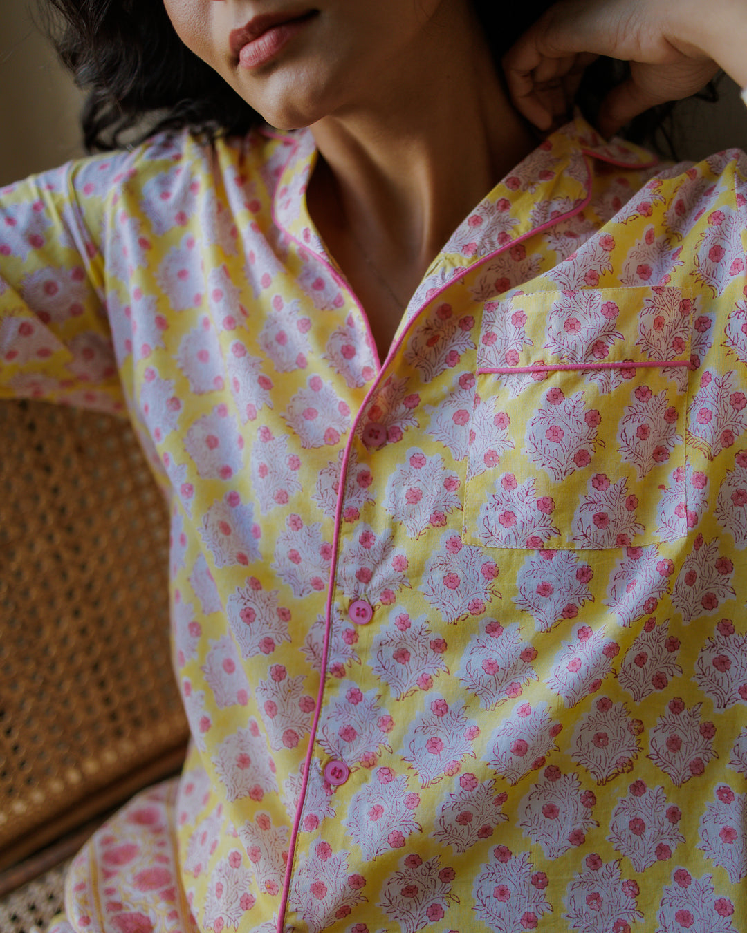 Mogra Long Sleeve PJ set in Sunshine Yellow & Pink - Dilli Grey