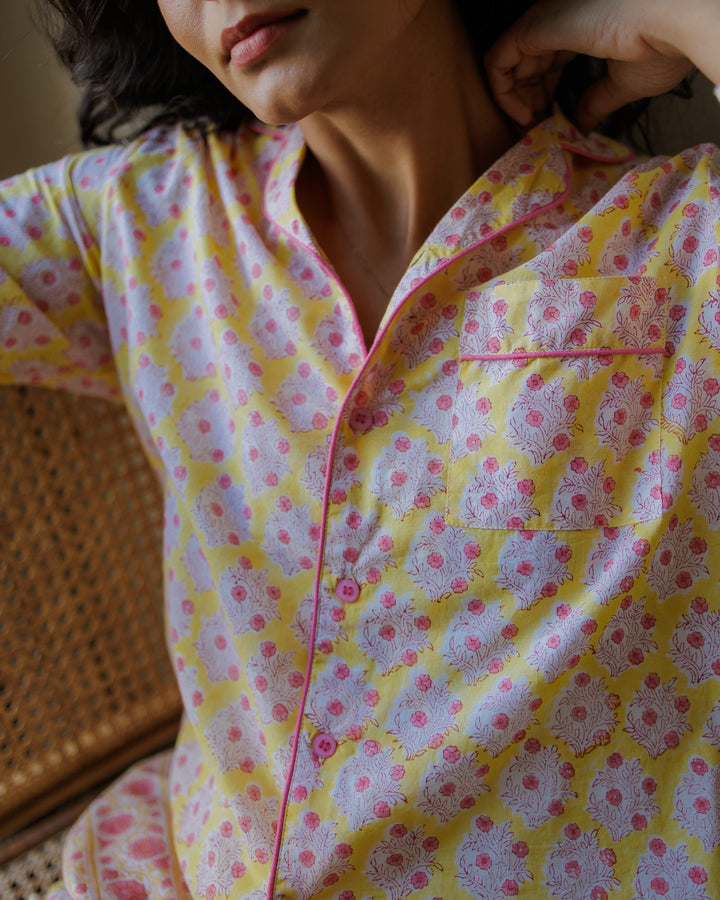 Mogra Long Sleeve PJ set in Sunshine Yellow & Pink - Dilli Grey