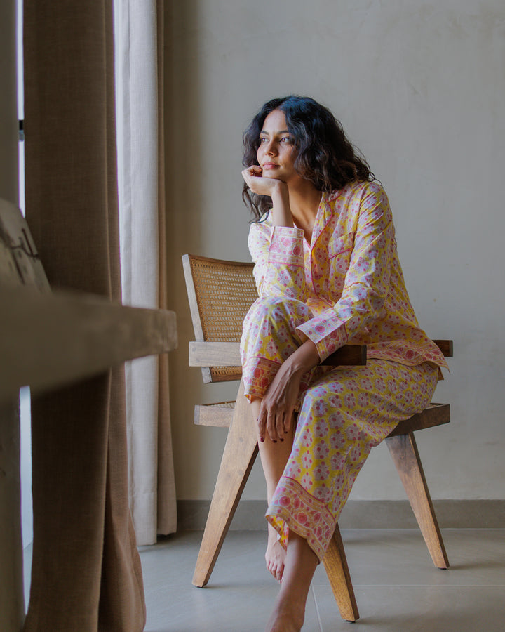 Mogra Long Sleeve PJ set in Sunshine Yellow & Pink - Dilli Grey
