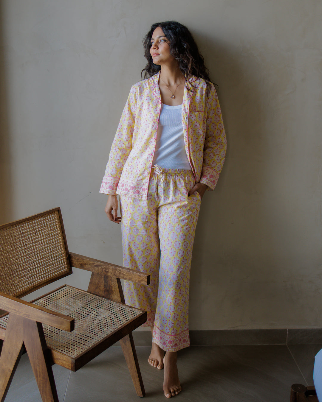 Mogra Long Sleeve PJ set in Sunshine Yellow & Pink - Dilli Grey