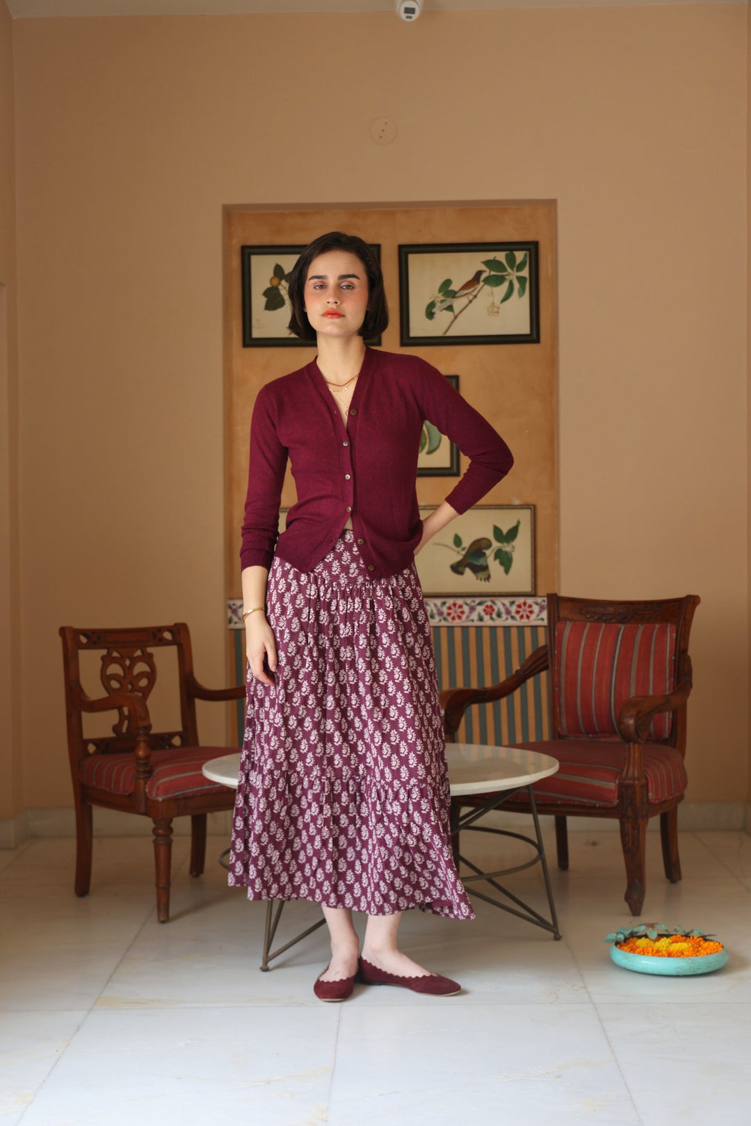 Wool Cashmere Skinny Knit Cardigan in Burgundy Marl